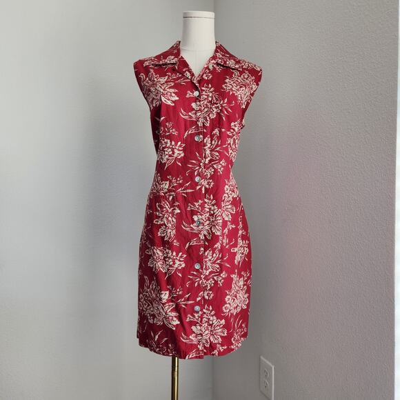 American Vintage Dresses & Skirts - Vintage 90s Merona Dark Pink Floral Button Front Collared Sleeveless Shirt Dress